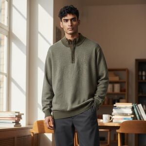 Orvis Men’s XXL Olive Green Merino Wool Quarter Zip Button Sweater Suede Trim